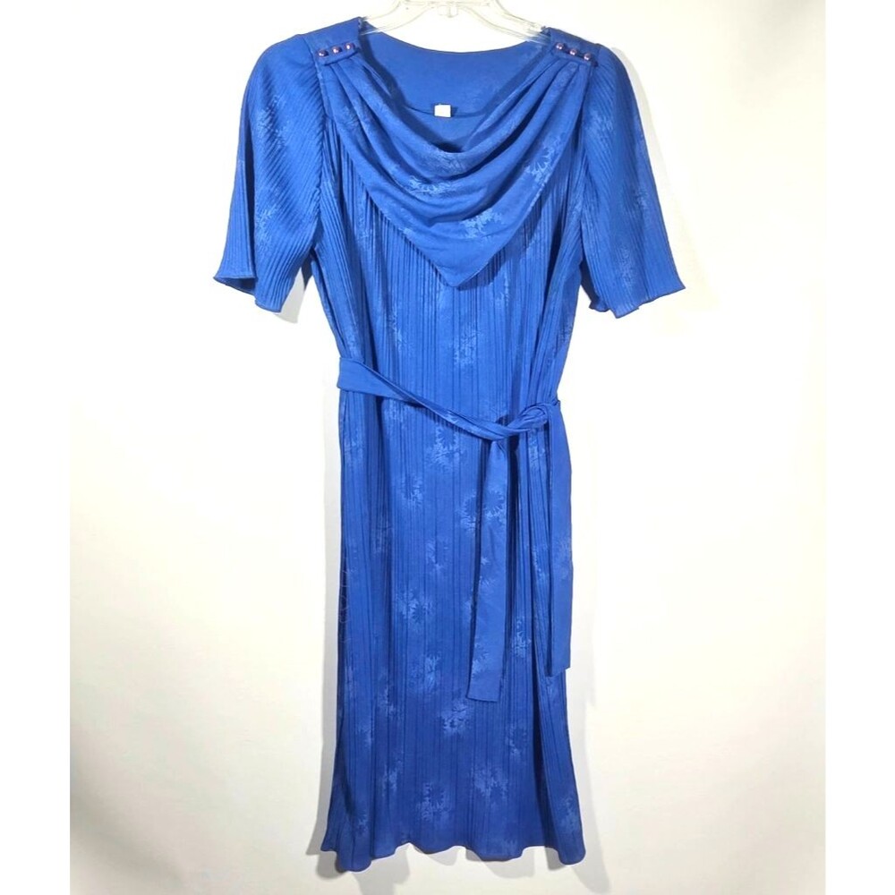 VTG 80s Dynasty Royal Blue Cowl Neck Belted Pleated Dress Womens Size 16 Floral